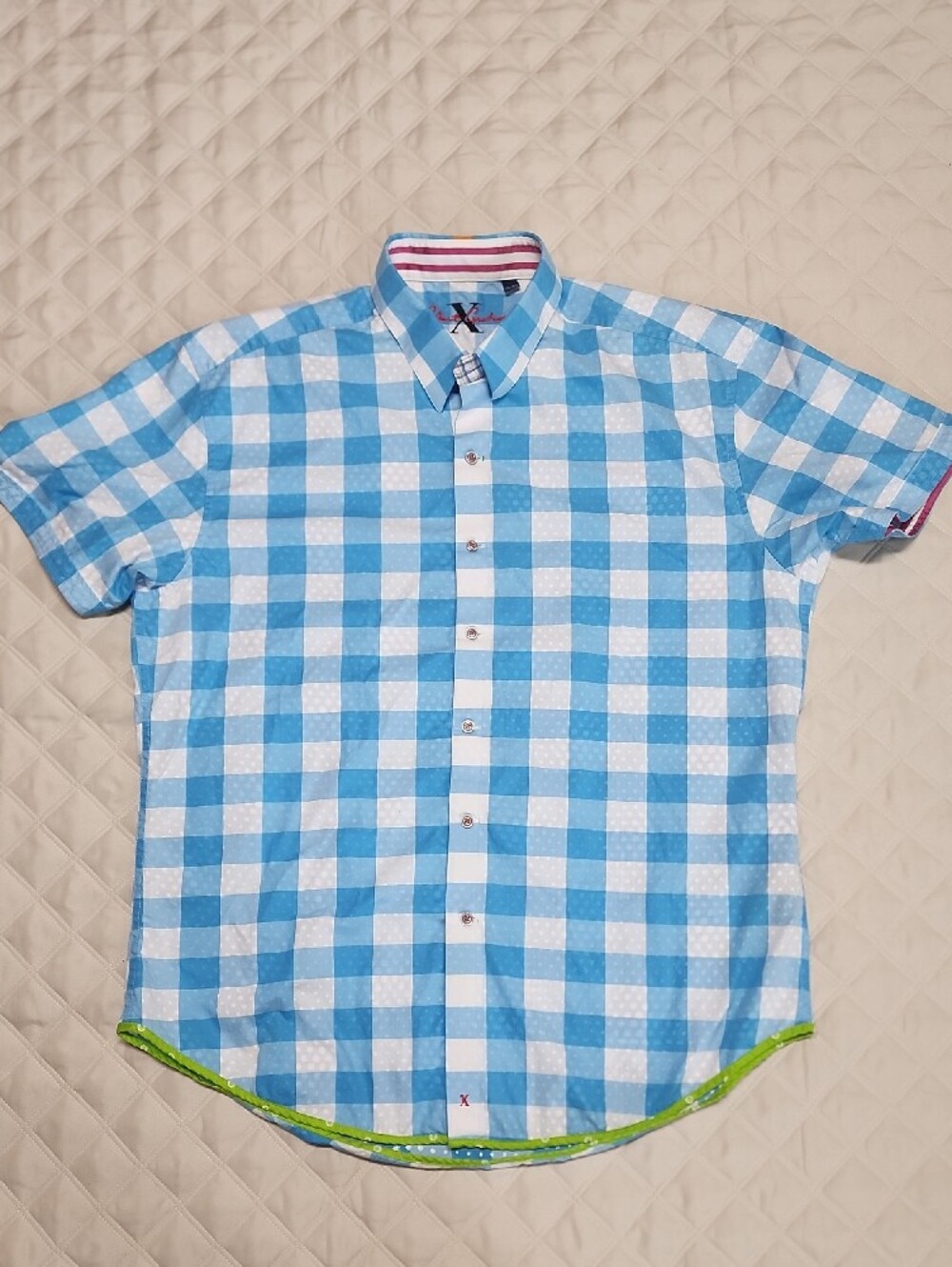 Robert Graham X Collection Blue and White Plaid Short-Sleeve Button Shirt 2XL